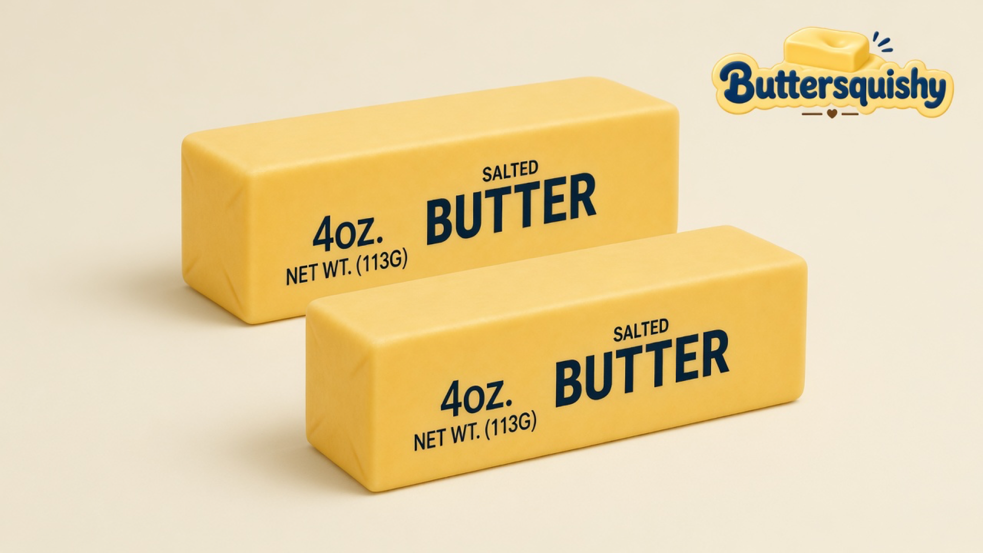 Two pale yellow Classic Gift Butter sticks printed SALTED BUTTER and 4OZ. NET WT. (113G) on a light-yellow cream studio, Buttersquishy logo at upper right