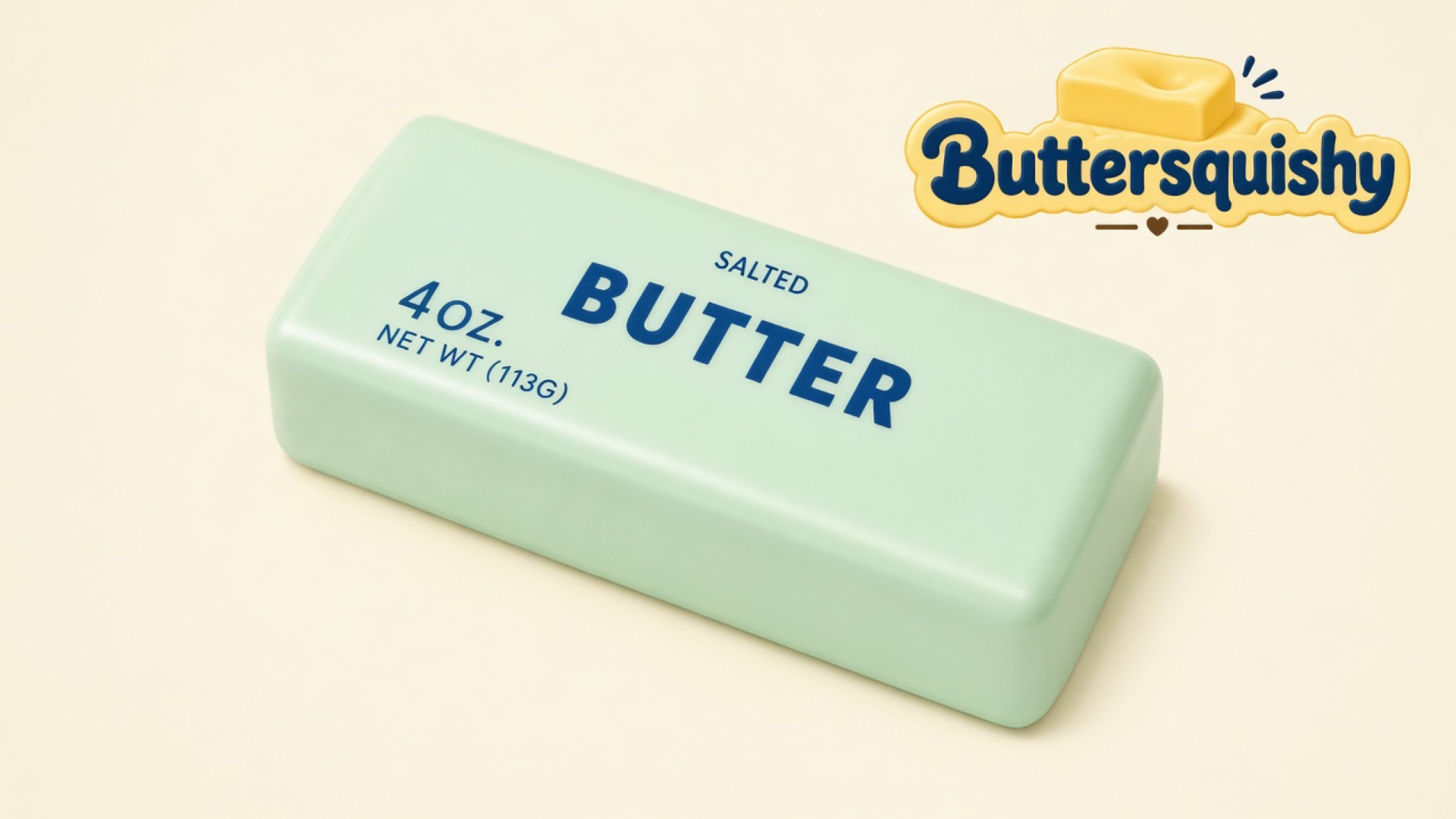 One pale mint-green Mint Lemon Crunch Butter stick printed SALTED BUTTER on a cream studio background, Buttersquishy logo at upper right