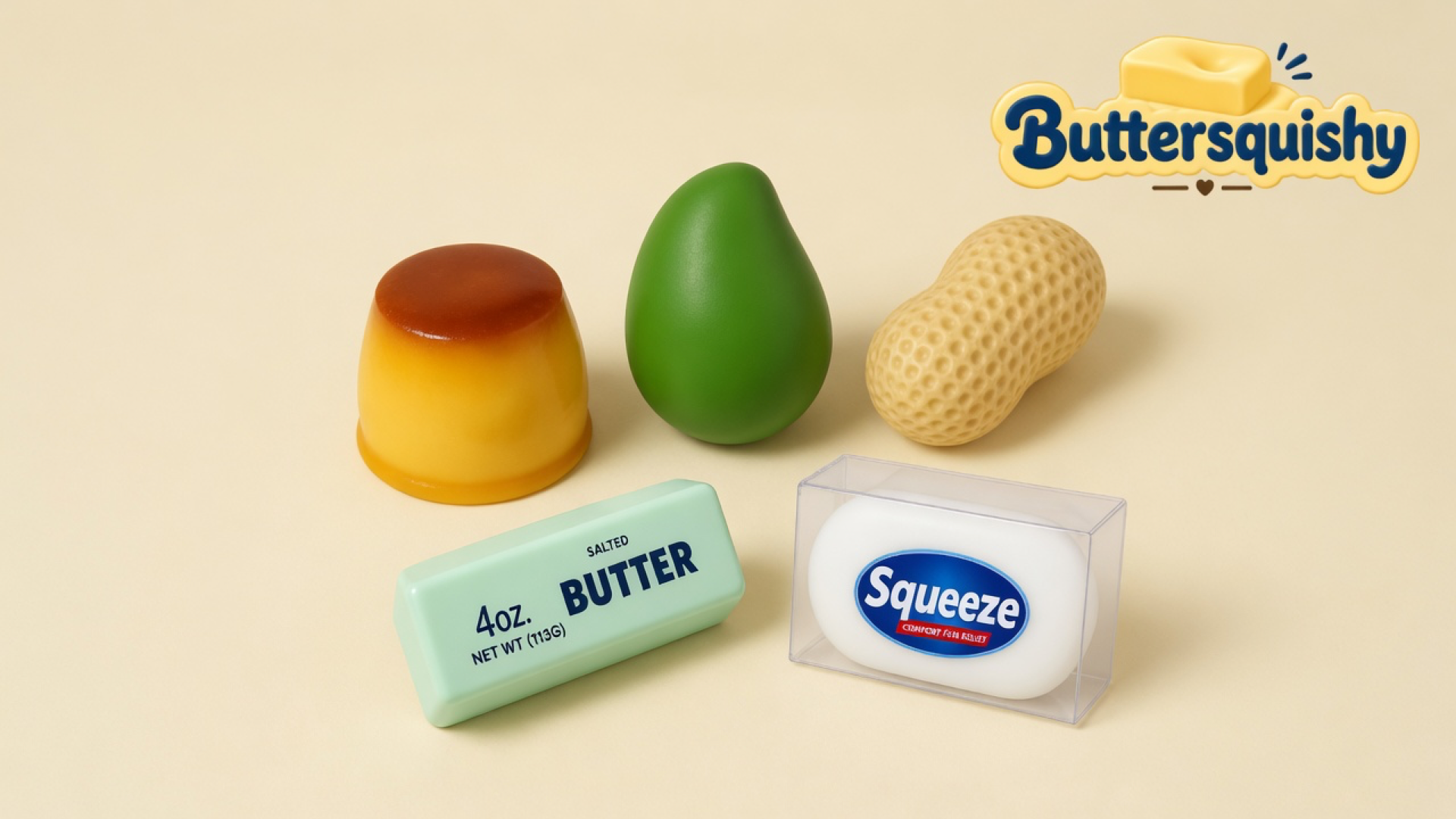 Five Mixed Butter Pack toys — caramel-top custard cup, green mango, pitted peanut, mint SALTED BUTTER stick, and boxed Squeeze bar — on a light-yellow cream studio, Buttersquishy logo at upper right