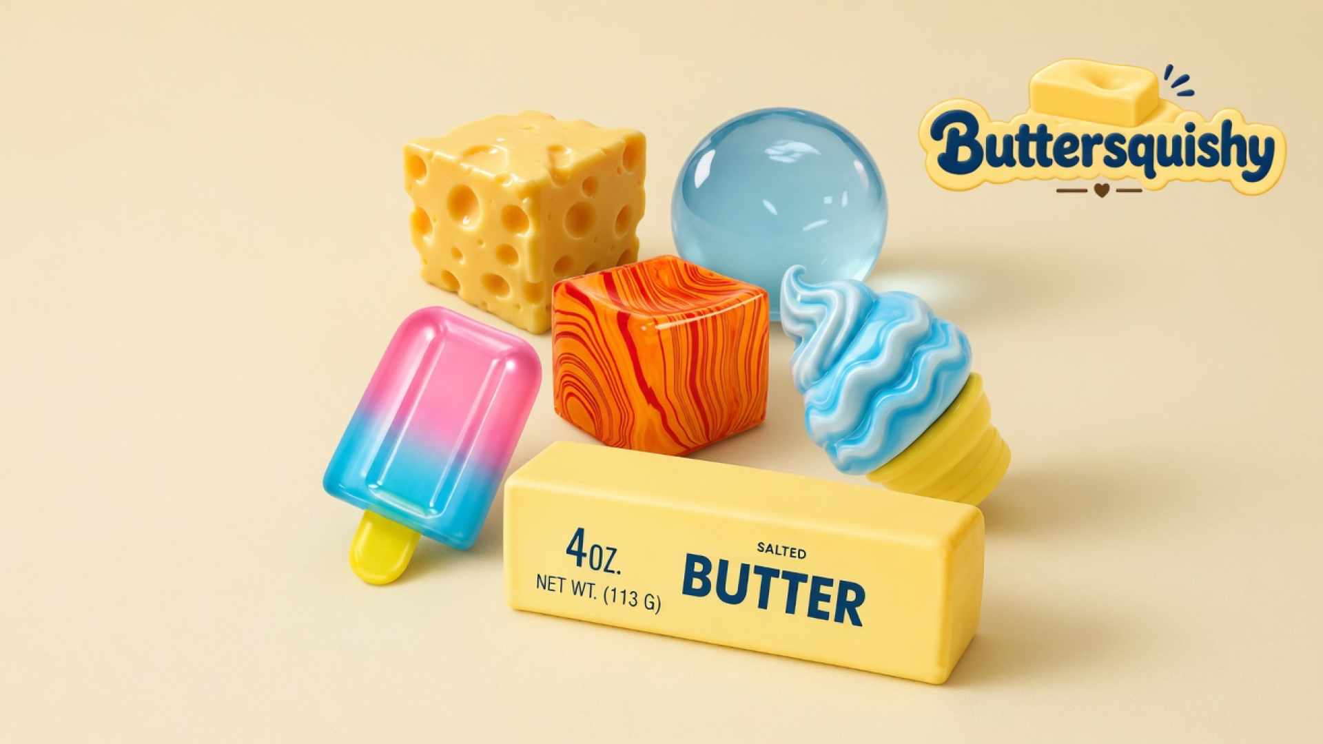 Mixed Butter Pack food-style cluster on a light-yellow cream studio, Buttersquishy logo at upper right