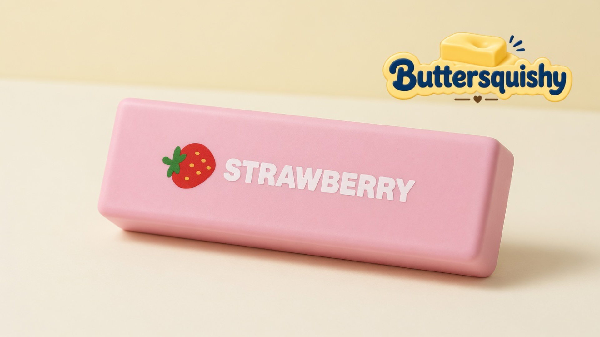 One matte pink Strawberry Butter Stick printed STRAWBERRY with a small strawberry icon on a light-yellow cream studio, Buttersquishy logo at upper right