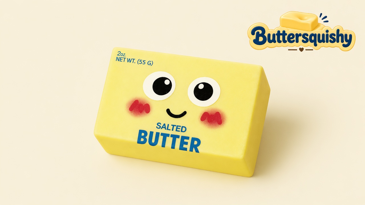 Face Cube Butter, a yellow salted-butter loaf squishy with a printed smile, on a cream studio background with the Buttersquishy logo in the upper right