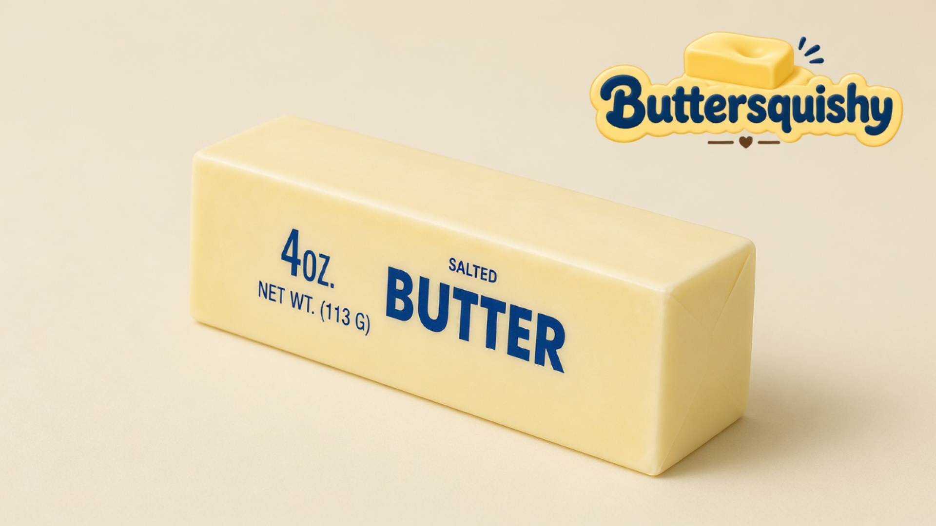 Classic Gift Butter, a pale yellow salted-butter stick squishy, on a cream studio background with the Buttersquishy logo in the upper right