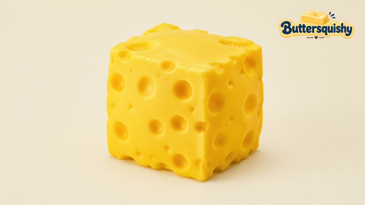 One cheddar-yellow Swiss-hole cube on a light-yellow cream studio surface, Buttersquishy logo in the upper right