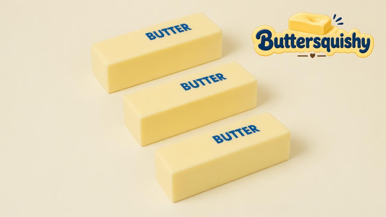 Three pale yellow rectangular butter-stick toys with navy BUTTER print on a light-yellow cream studio surface, Buttersquishy logo in the upper right