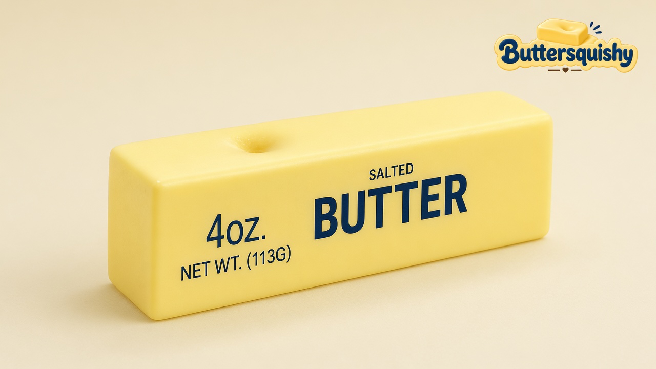 One pale yellow salted-butter stick squishy with a thumb dent and navy 4oz print on a light-yellow cream studio surface, Buttersquishy logo in the upper right