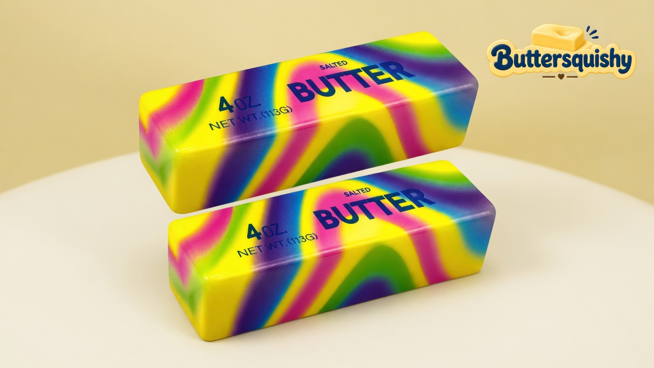 Two matching neon-swirl salted-butter sticks on a light-yellow cream studio surface, Buttersquishy logo in the upper right