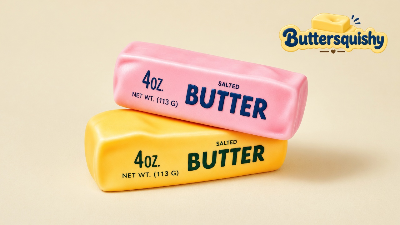 Candy-pink salted-butter loaf stacked on a yellow-orange salted-butter loaf on a light-yellow cream studio surface, Buttersquishy logo in the upper right