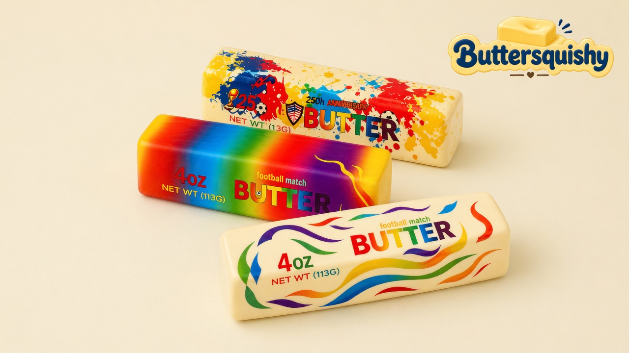 Three cream Splash Marble Butter loaves — paint-splash, rainbow fade, and ribbon-wave — on a light-yellow cream studio surface, Buttersquishy logo in the upper right