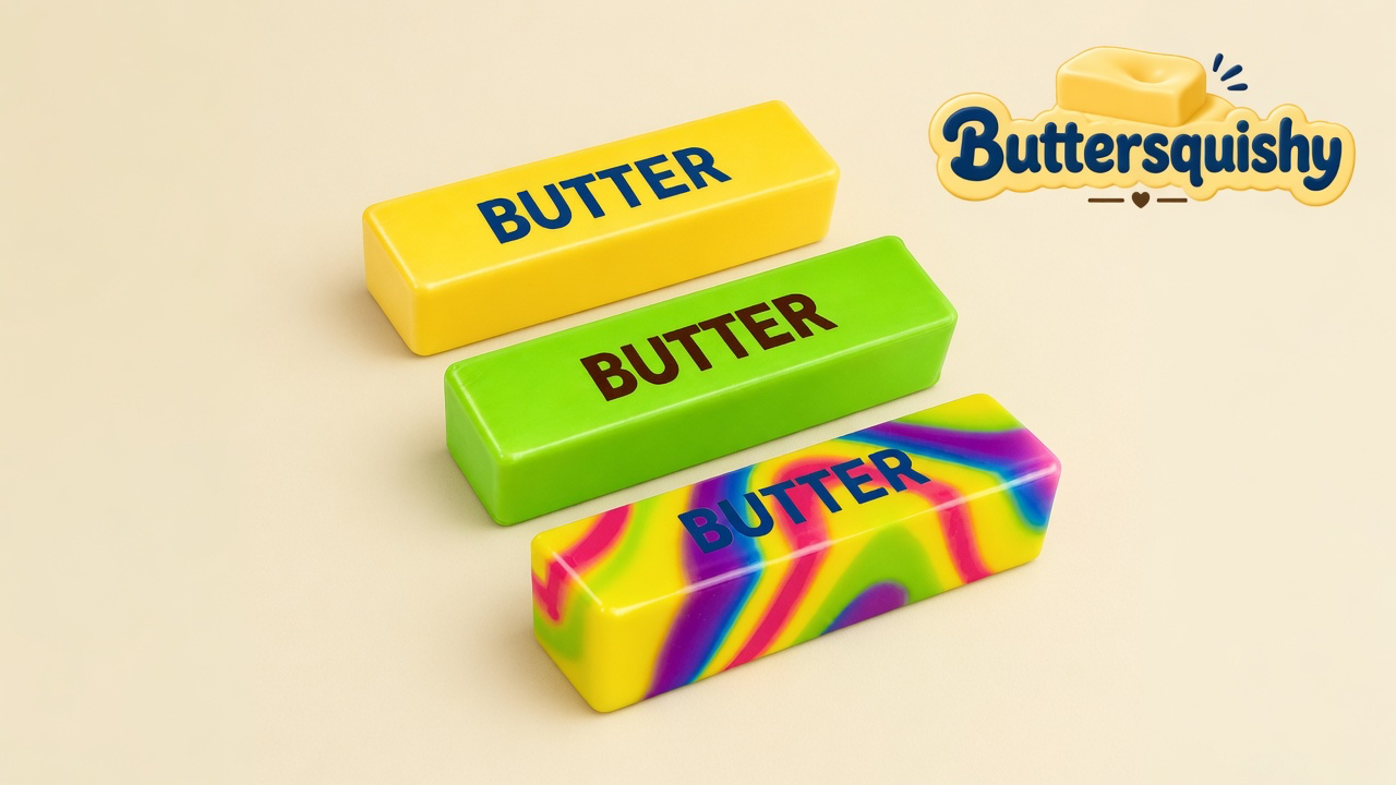 Yellow, lime, and rainbow-swirl butter sticks printed BUTTER on a light-yellow cream studio surface, Buttersquishy logo in the upper right