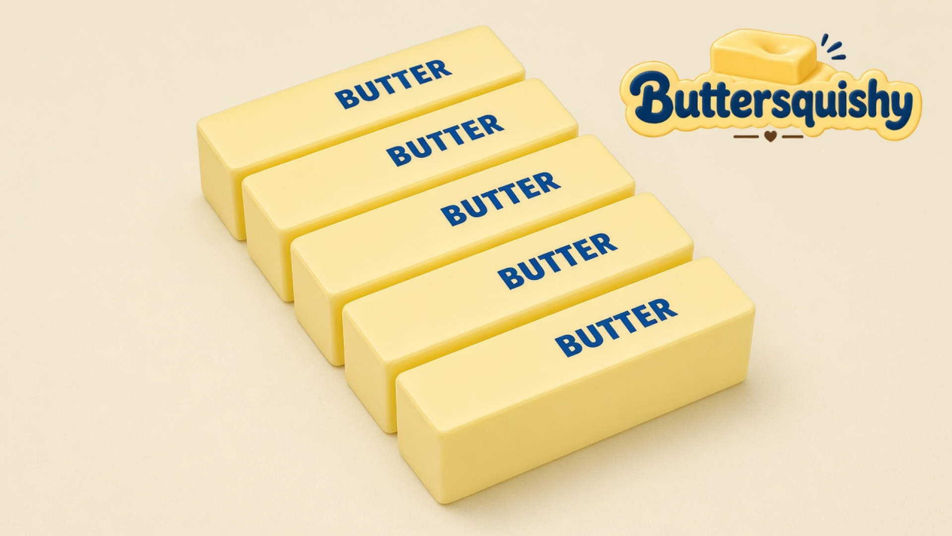 Five pale-yellow rectangular butter sticks printed BUTTER on a light-yellow cream studio surface, Buttersquishy logo in the upper right