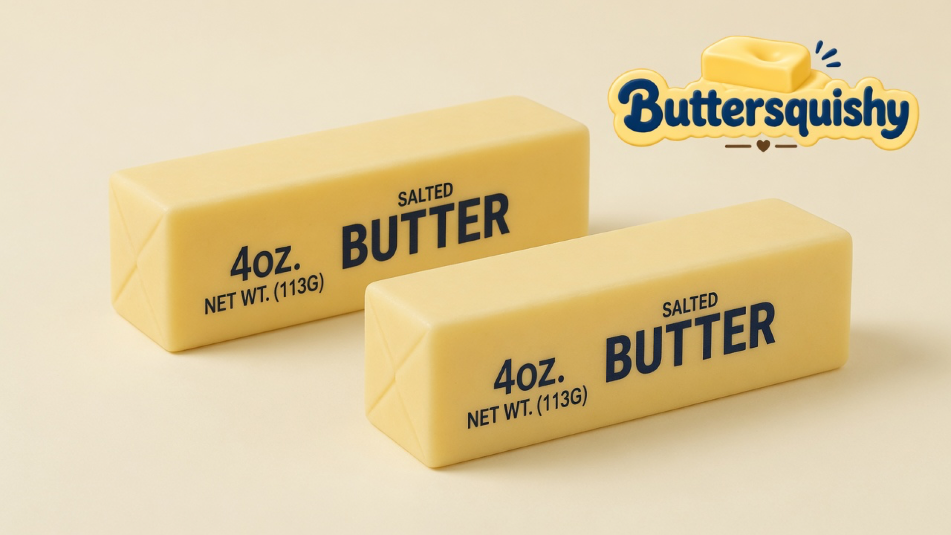Two pale yellow salted-butter stick squishies on a light-yellow cream studio surface, Buttersquishy logo in the upper right