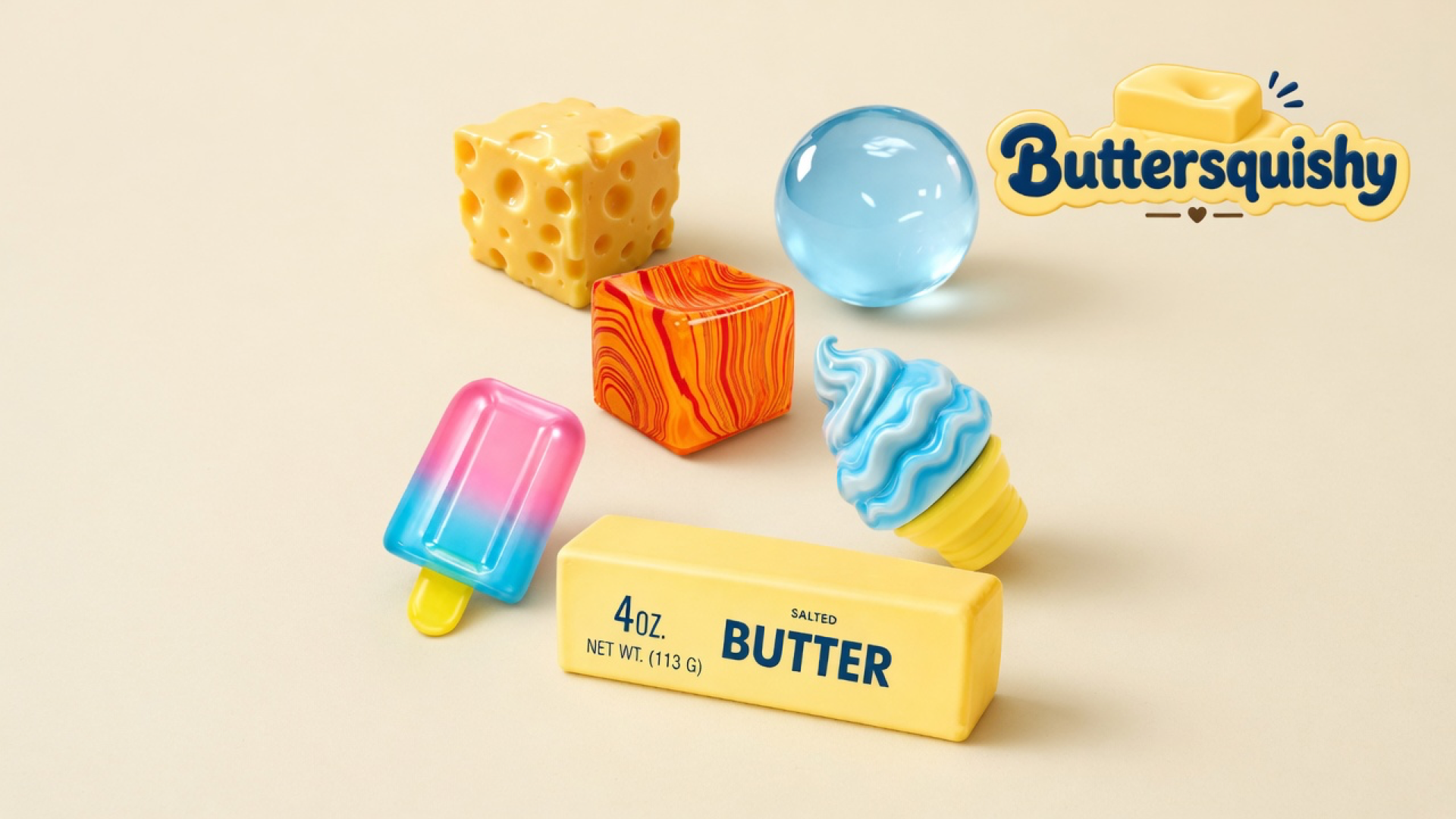 Mixed food-style butter squishies — cheese cube, orange marble block, popsicle, soft-serve, blue orb, and a salted butter stick — on a light-yellow cream studio surface, Buttersquishy logo in the upper right