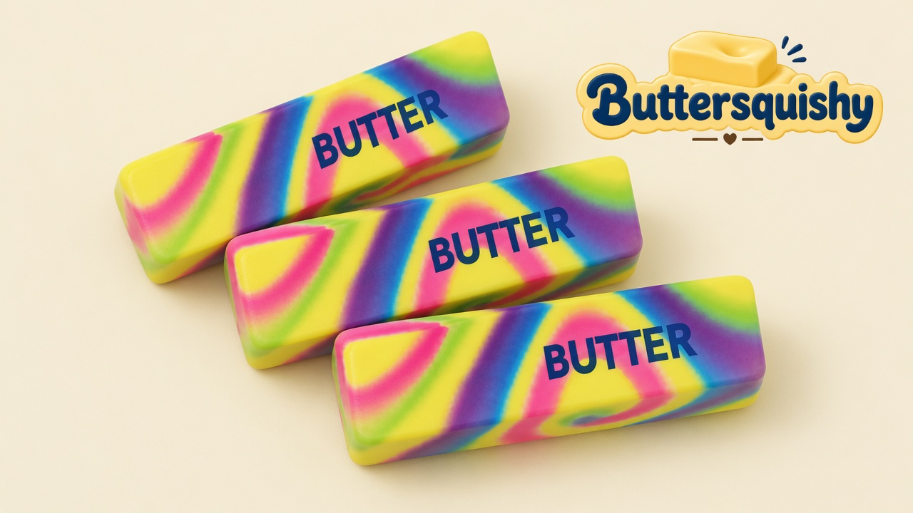 Three neon-yellow-pink-purple-green swirl butter sticks printed BUTTER on a light-yellow cream studio surface, Buttersquishy logo in the upper right