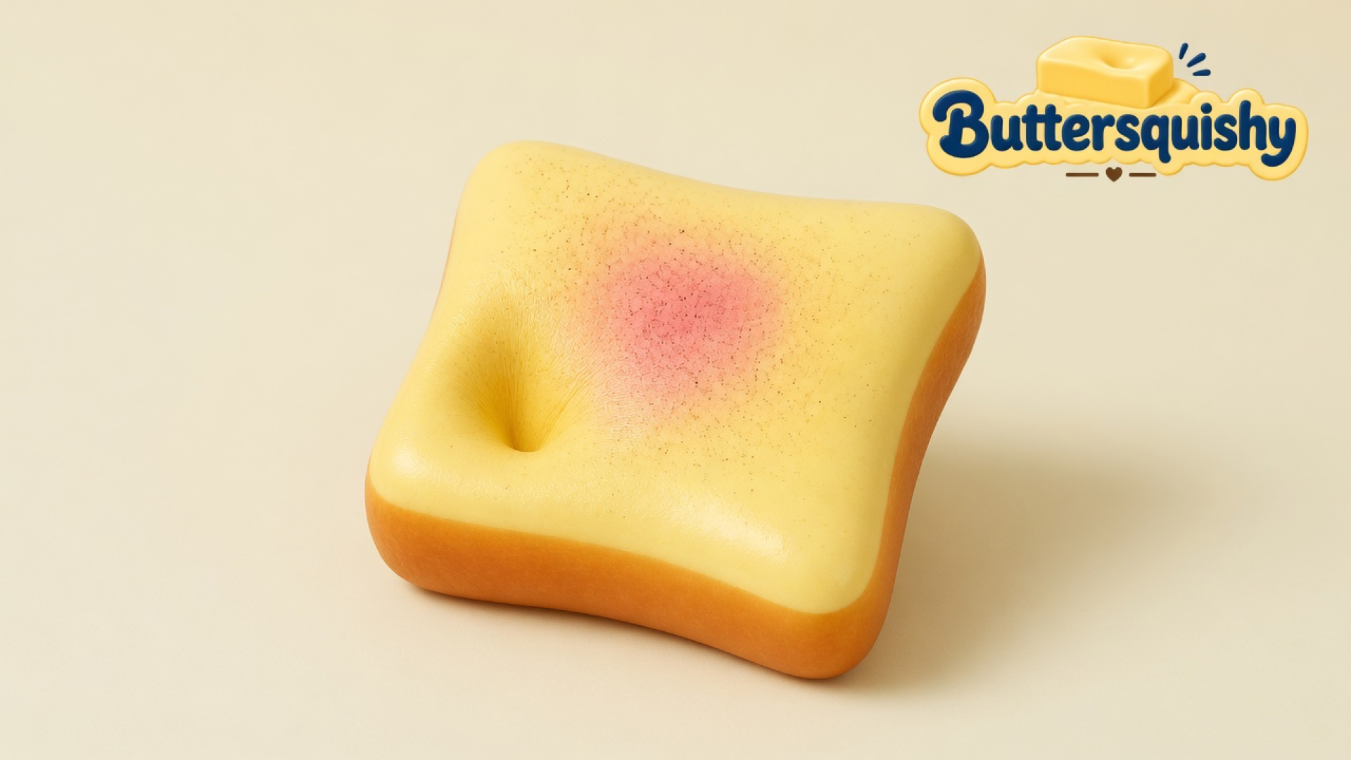 Square yellow Bread Toast Loaf with a pink toasted bloom and a thumb dent on a light-yellow cream studio platform, Buttersquishy logo in the upper right