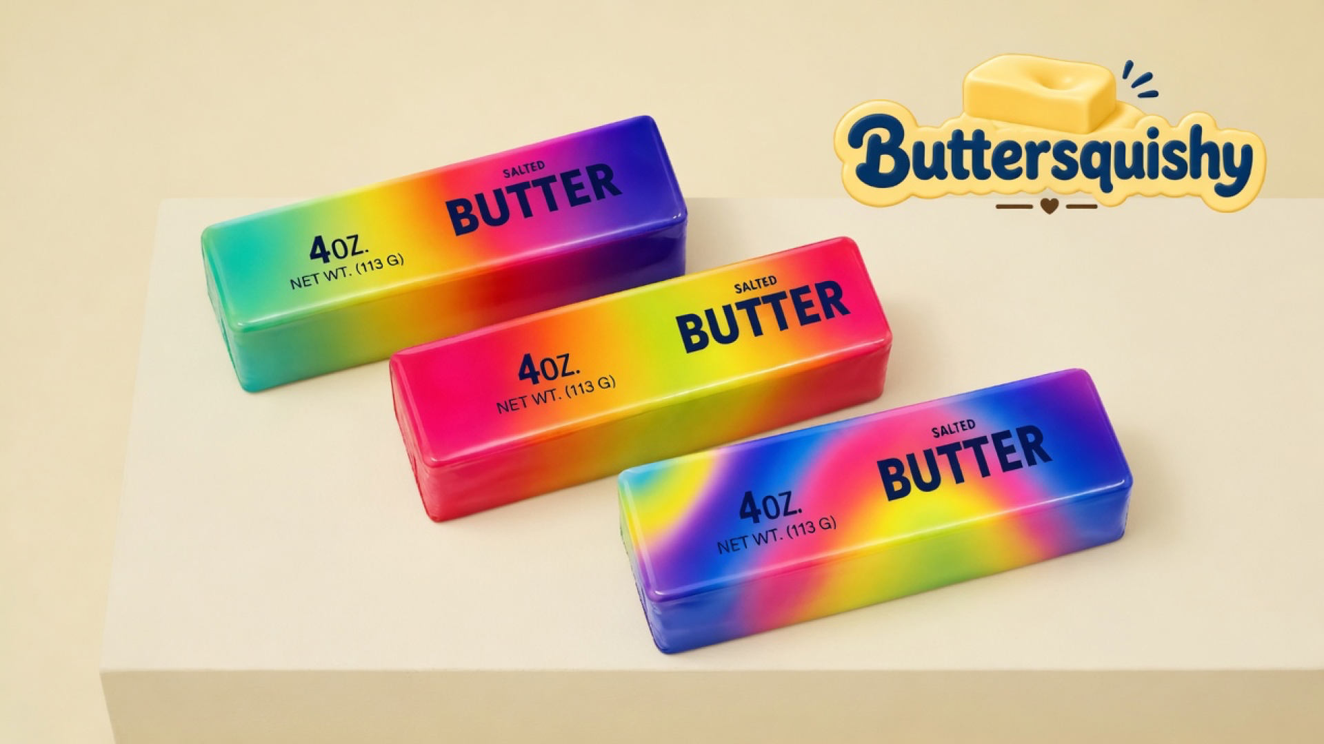 Three Candy Gradient Butter loaves with rainbow candy melts and navy SALTED BUTTER type on a light-yellow cream studio platform, Buttersquishy logo in the upper right