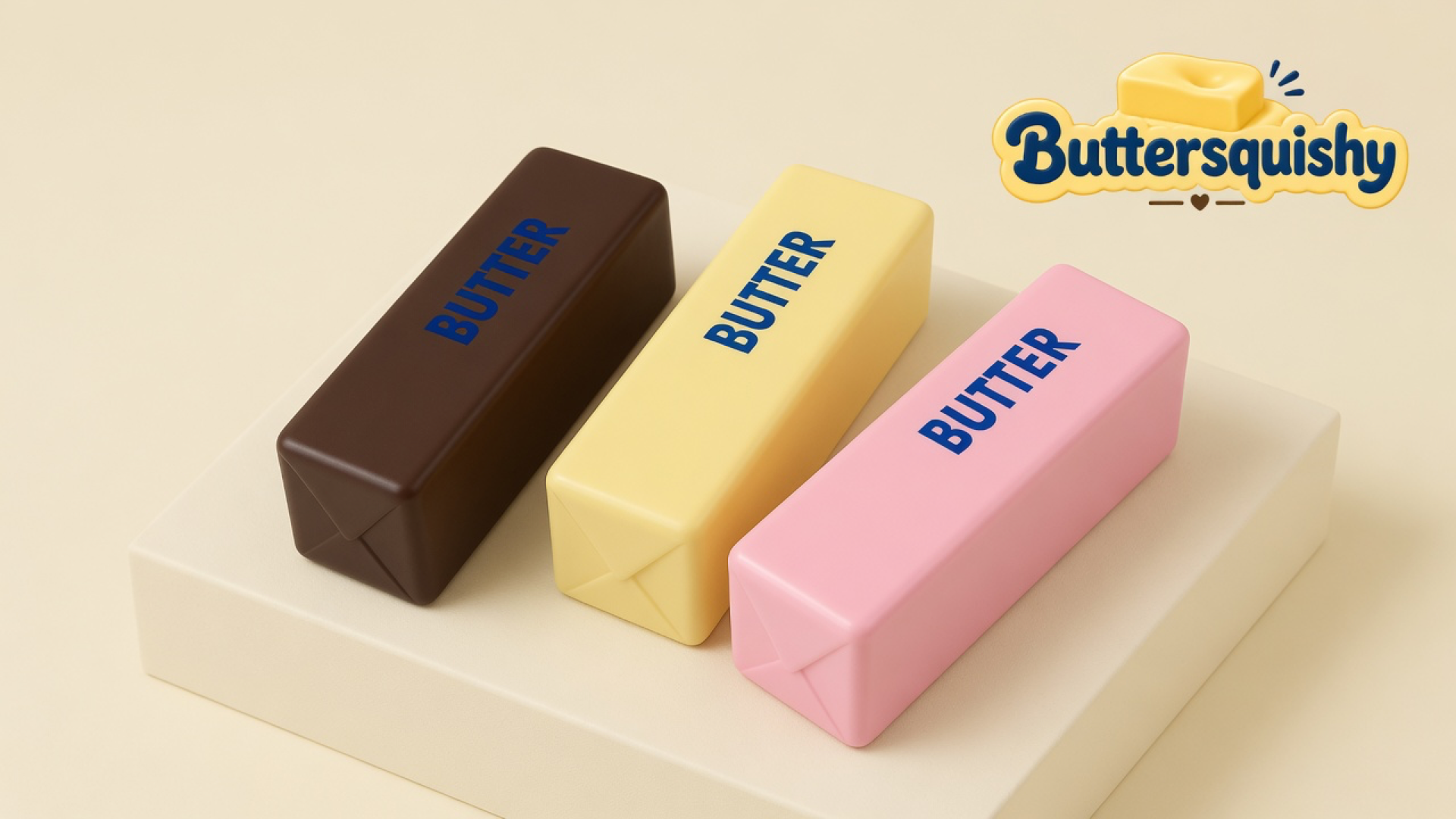 Three Chocolate Berry Butter sticks in chocolate brown, pale yellow, and berry pink with navy BUTTER prints on a cream studio platform, Buttersquishy logo in the upper right