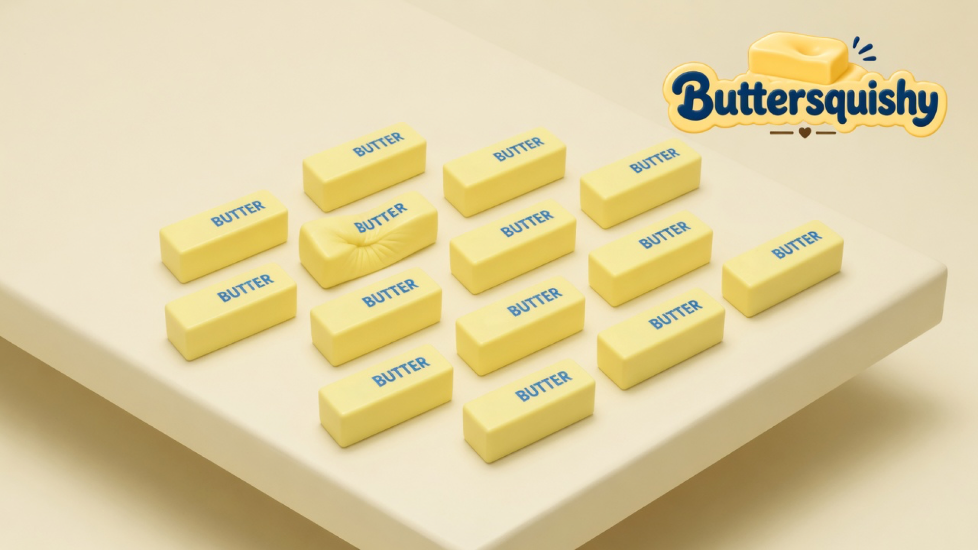 Twelve pale-yellow rectangular Classic butter sticks printed navy BUTTER, one loaf with a thumb dent, on a light-yellow cream studio table, Buttersquishy logo in the upper right