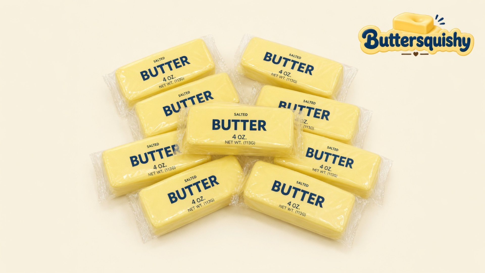 Pale yellow salted-butter stick squishies in clear wrap on a cream studio surface, Buttersquishy logo upper right