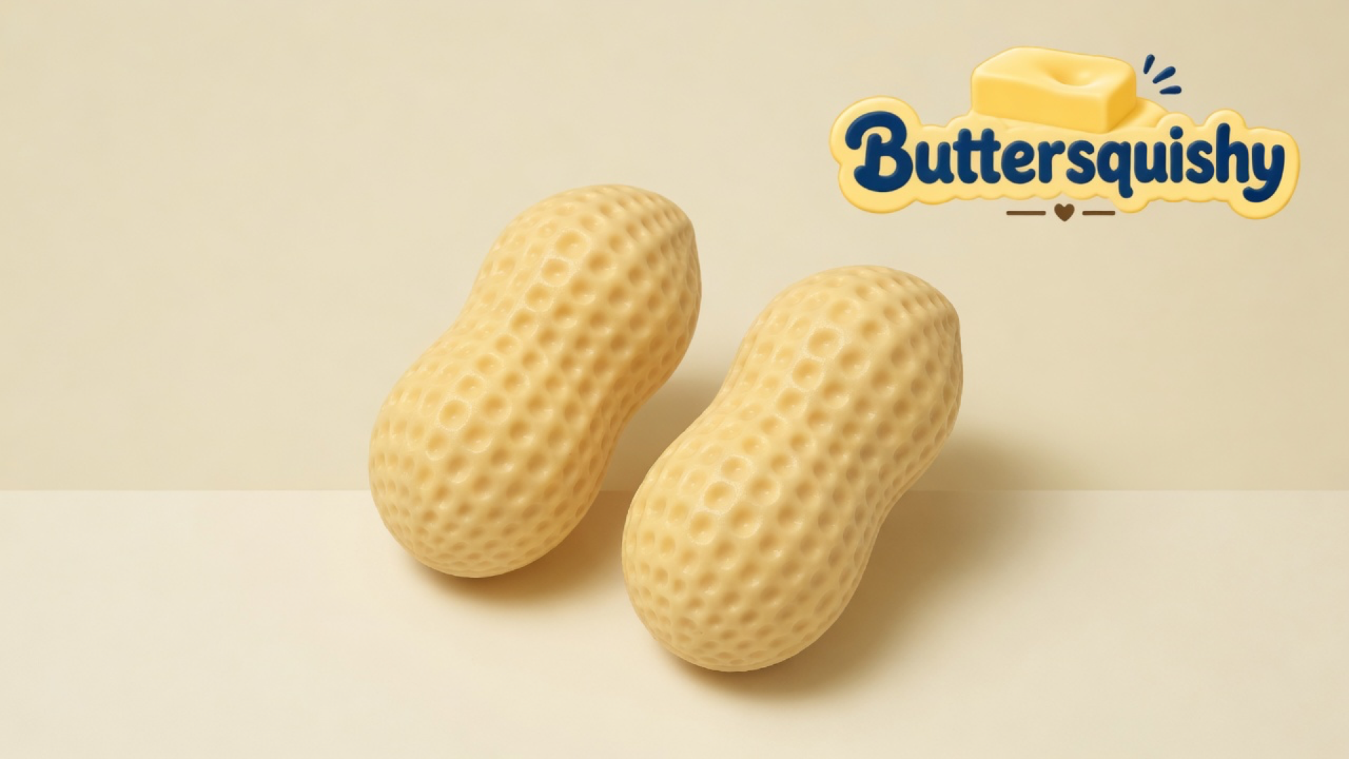 Two pale butter-yellow peanut-shaped squishies with dimpled shells on a light-yellow cream studio platform, Buttersquishy logo in the upper right