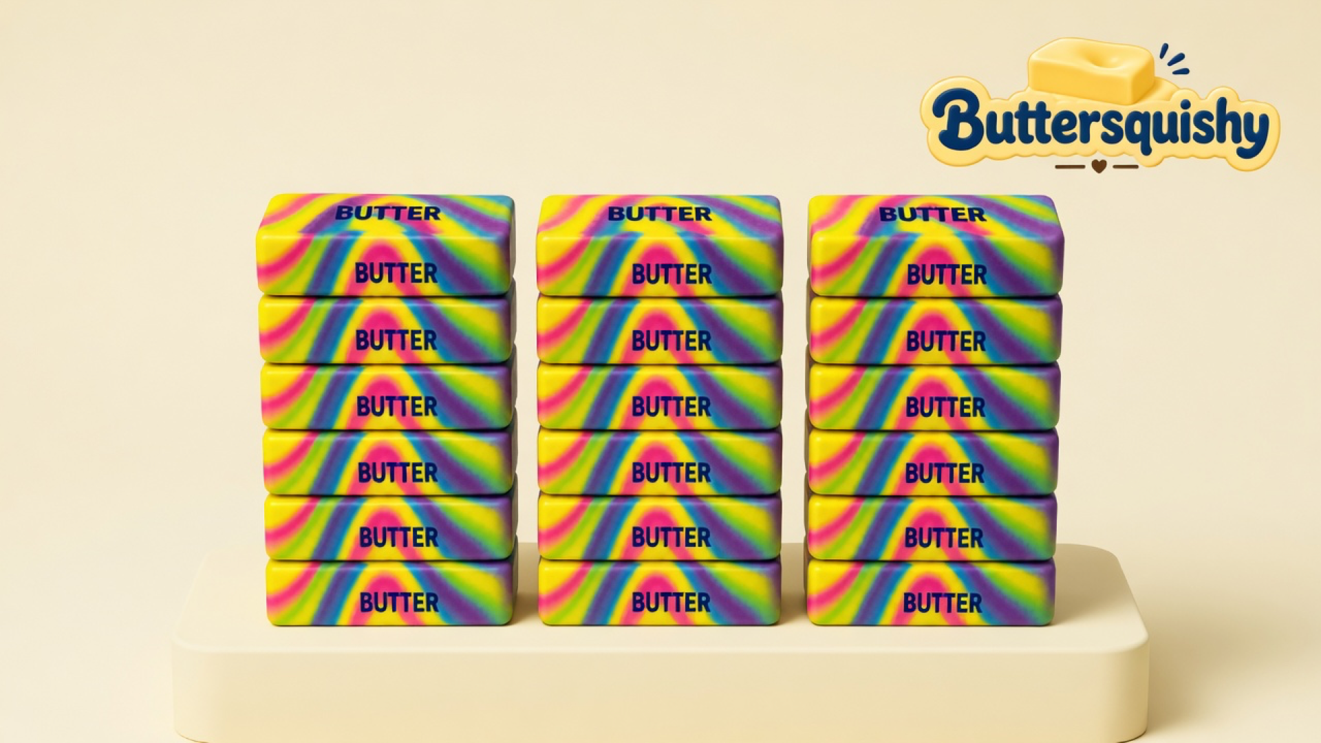 Eighteen Neon Swirl Butter sticks in three towers of six, neon yellow-magenta-cyan-purple swirls with navy BUTTER type, on a light-yellow cream studio platform, Buttersquishy logo in the upper right