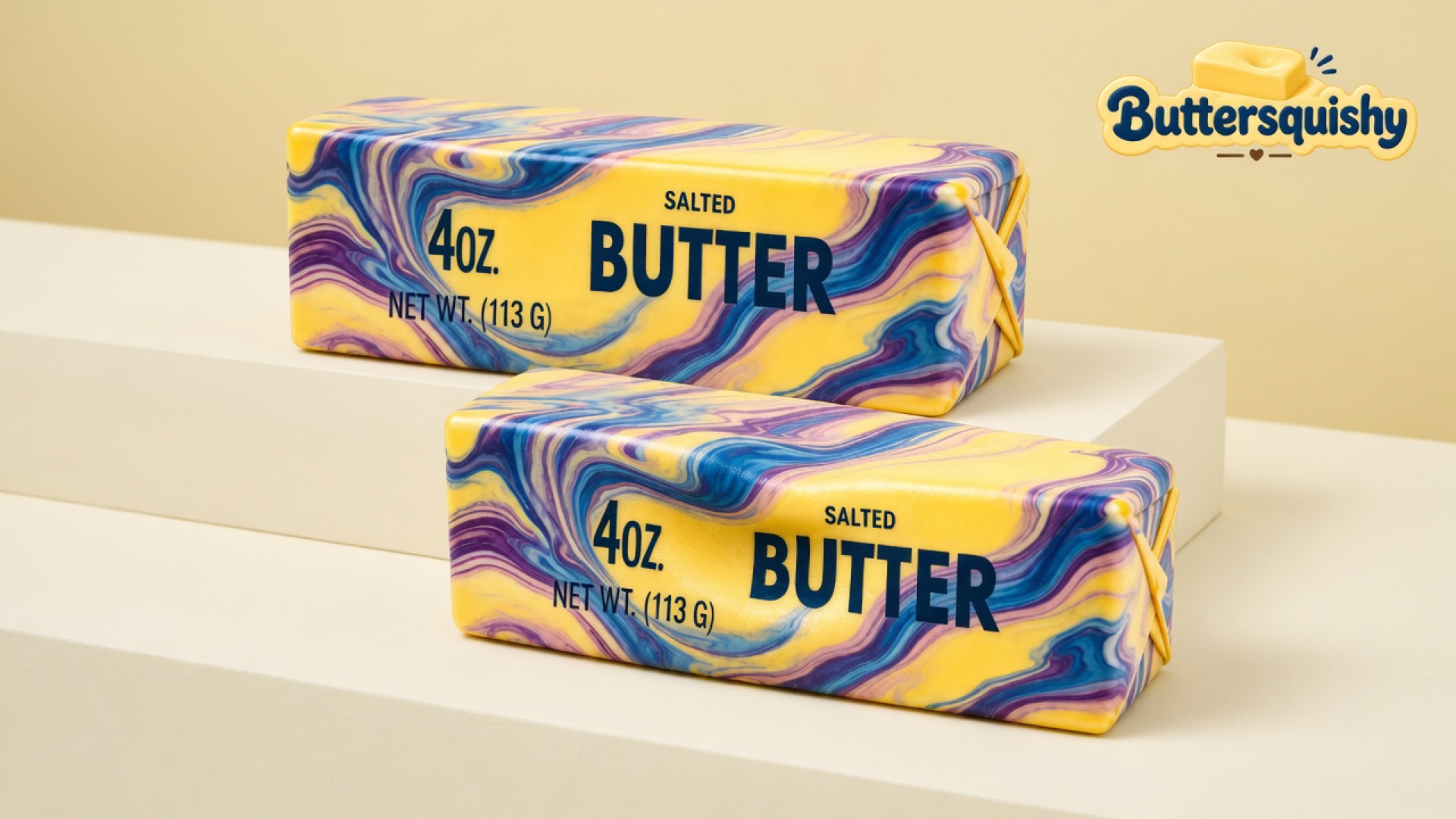 Two Oil-Paint Swirl Butter sticks with yellow SALTED BUTTER faces and blue-purple marble sides on a light-yellow cream studio platform, Buttersquishy logo in the upper right