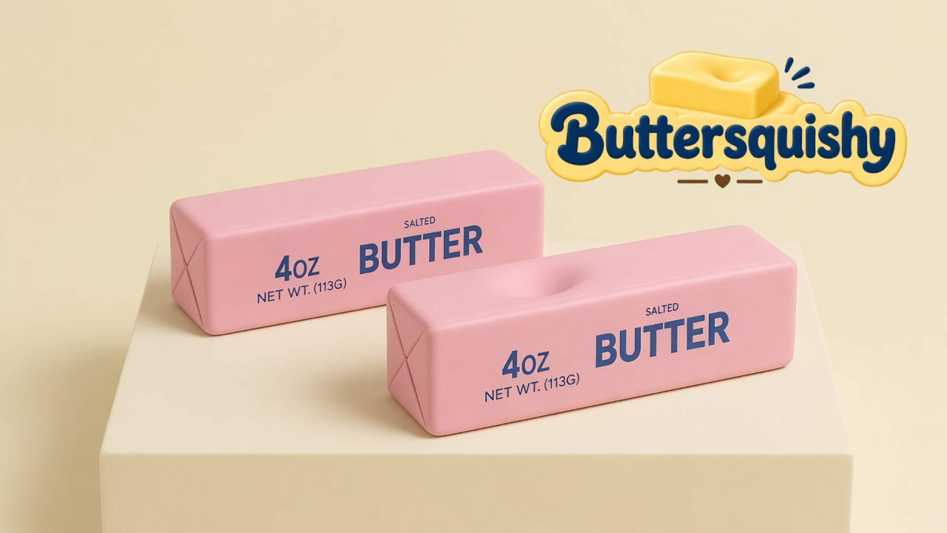 Two matching pink SALTED BUTTER sticks on a light-yellow cream studio block, one loaf with a thumb dent, Buttersquishy logo in the upper right