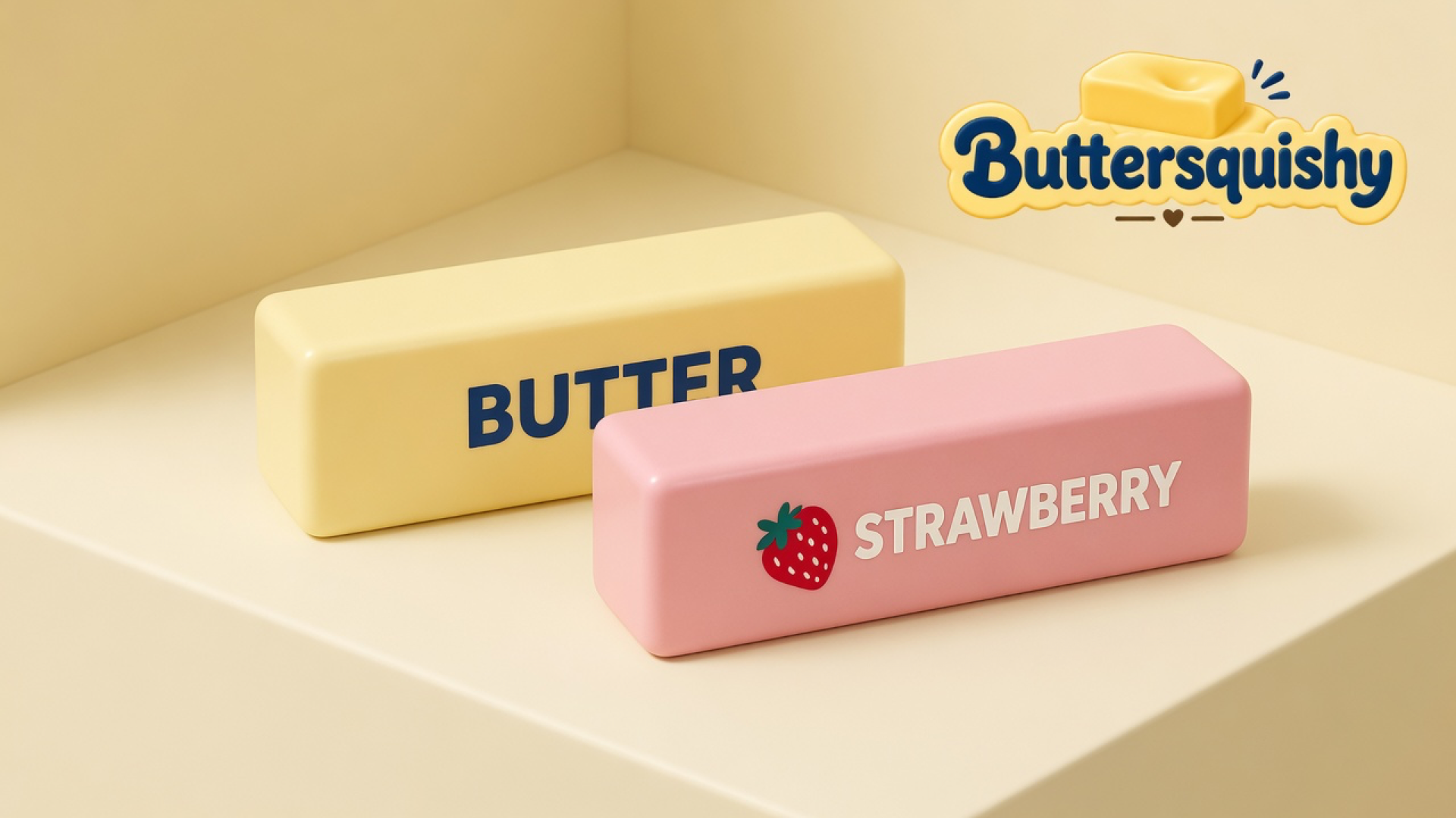 Pale yellow BUTTER loaf and pink STRAWBERRY loaf on a light-yellow cream studio platform, Buttersquishy logo in the upper right
