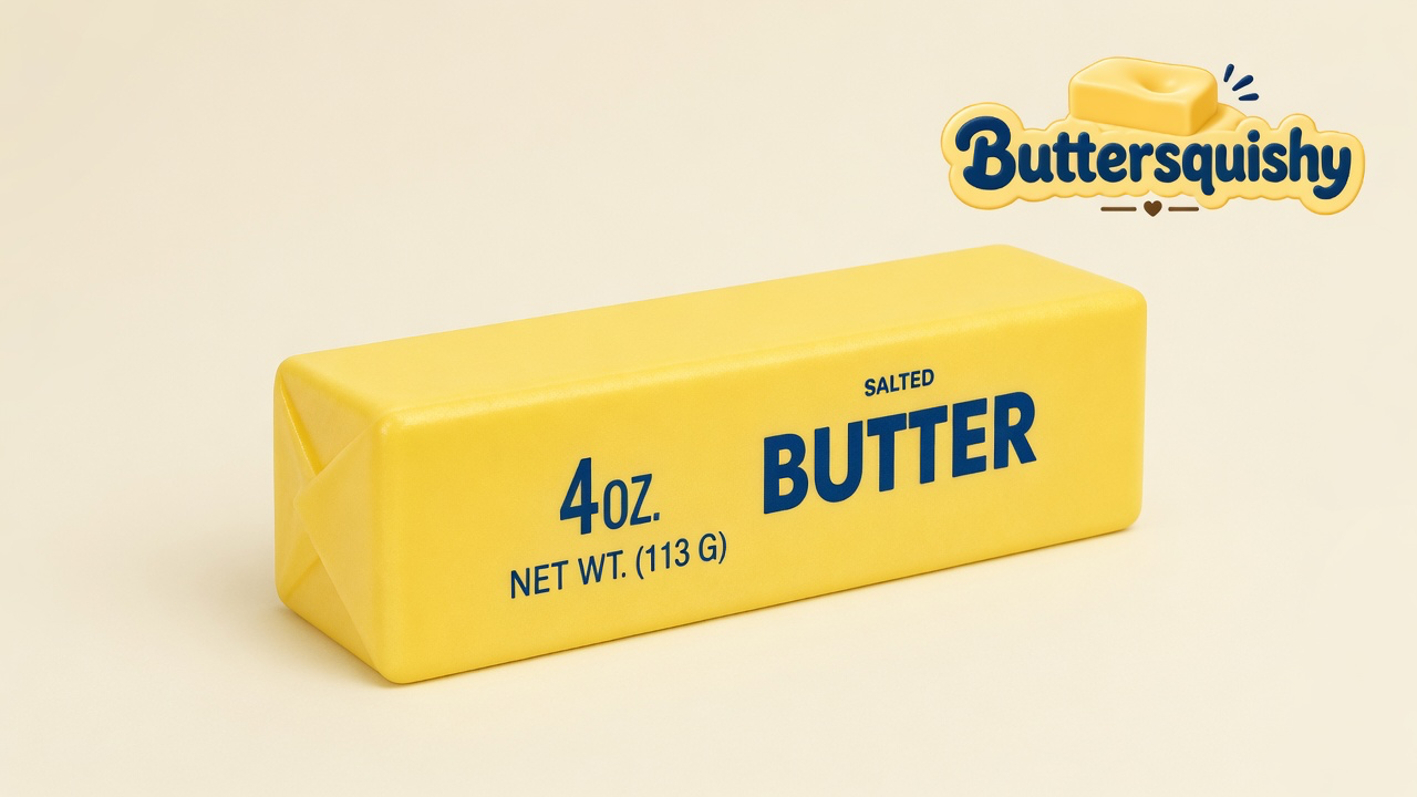 Pale yellow Classic Butter Stick 4oz with navy SALTED BUTTER and 4OZ print on a light-yellow cream studio, Buttersquishy logo in the upper right