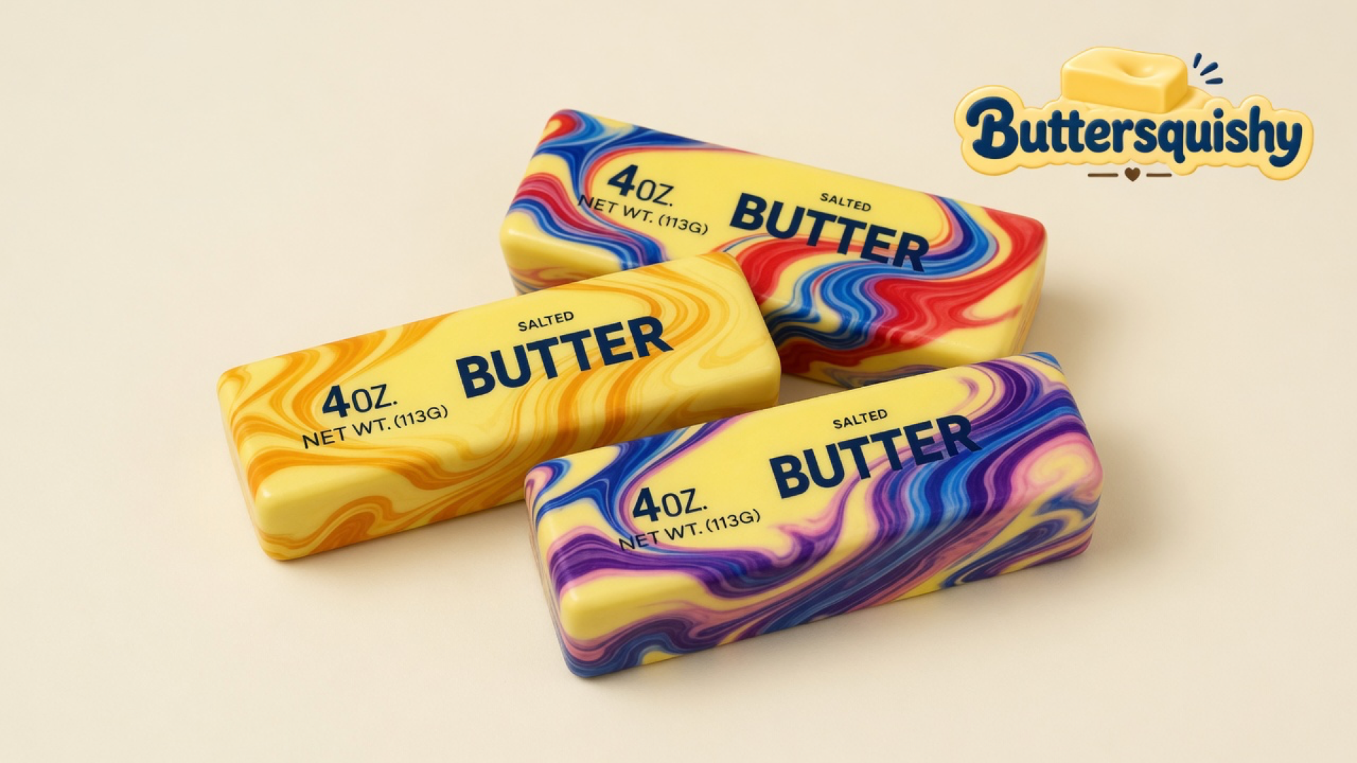 Three Oil-Paint Swirl Butter sticks — orange-gold, red-blue, and violet marble sides with yellow SALTED BUTTER faces — on a light-yellow cream studio, Buttersquishy logo in the upper right