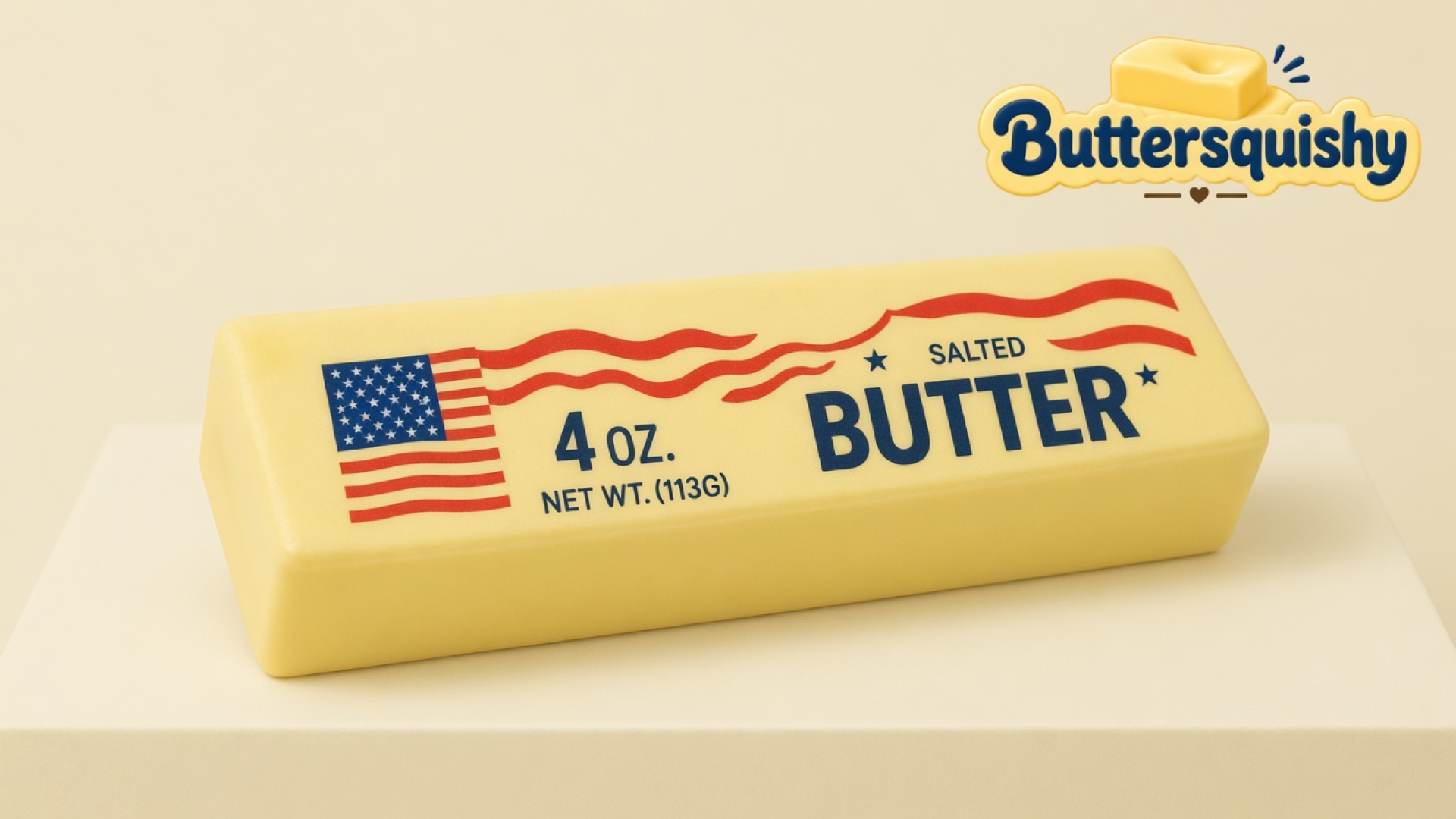 Pale yellow Stars and Stripes Butter stick with a US flag print, red waves, and navy SALTED BUTTER type on a light-yellow cream studio, Buttersquishy logo in the upper right