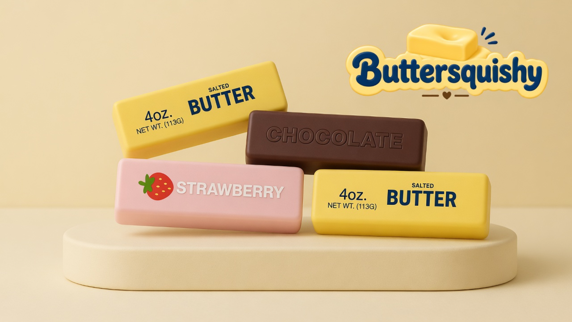 Four Strawberry Chocolate Butter sticks — two yellow salted-butter prints, one pink strawberry loaf, and one brown chocolate loaf — on a cream studio platform with the Buttersquishy logo in the upper right