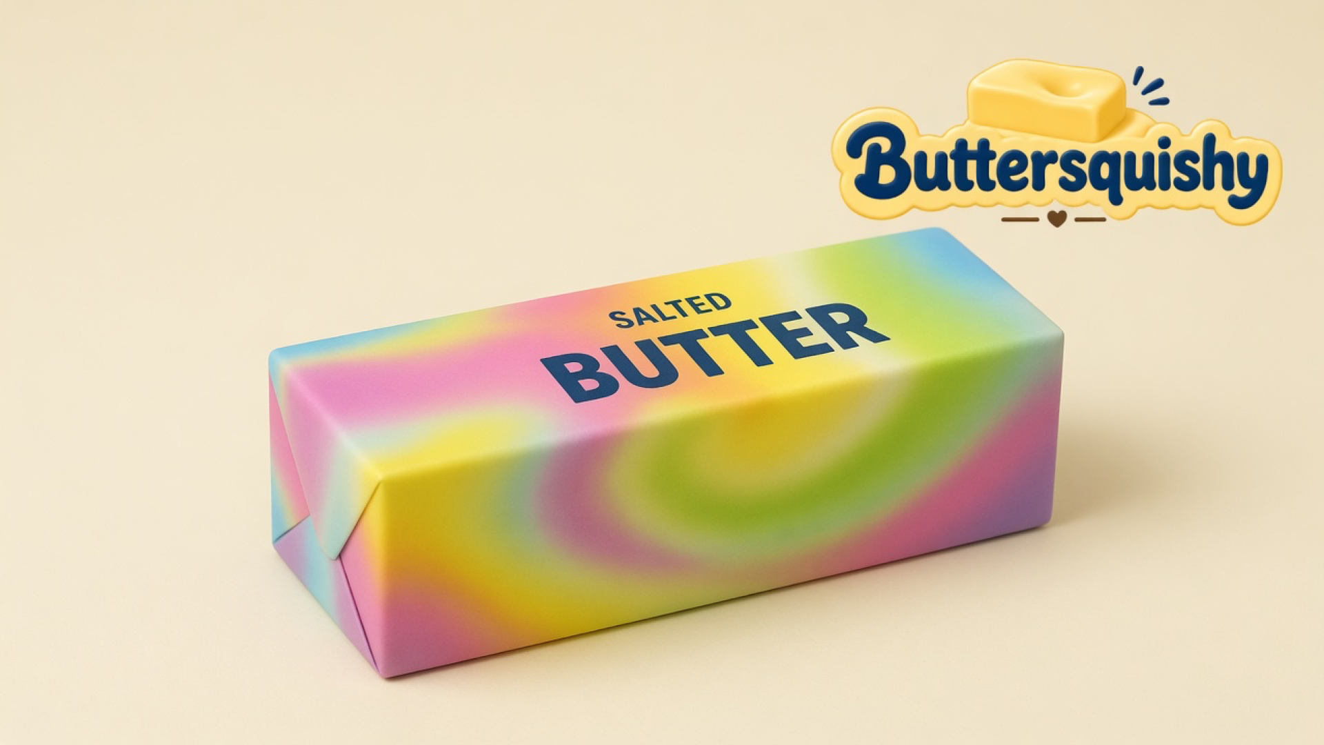One pastel rainbow Swirl Mix Butter stick printed SALTED BUTTER on a light-yellow cream studio, Buttersquishy logo in the upper right