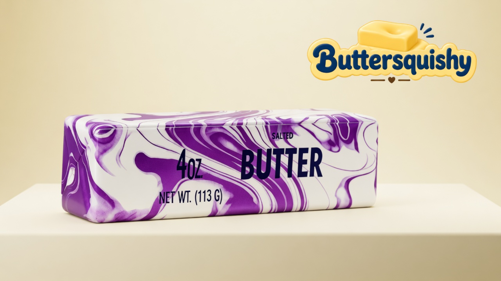 One white-and-violet marble butter stick printed SALTED BUTTER and 4OZ NET WT (113 G) on a light-yellow cream studio platform, Buttersquishy logo in the upper right