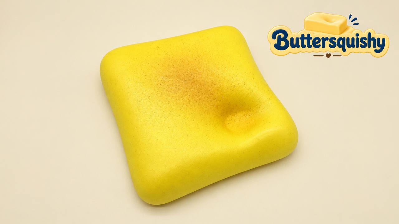 Yellow square Bread Toast Loaf with a browned toast bloom and a thumb dent, on a light-yellow cream studio, Buttersquishy logo in the upper right
