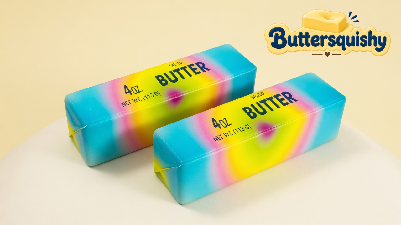 Two Candy Gradient Butter sticks with cyan-to-pink-to-yellow candy melts and navy SALTED BUTTER type on a light-yellow cream studio, Buttersquishy logo in the upper right