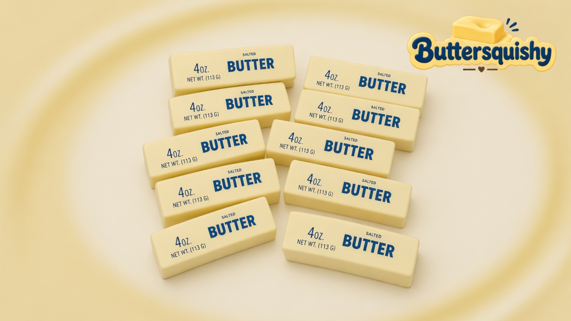 Ten pale-yellow SALTED BUTTER rectangles fanned on a cream studio sweep, Buttersquishy mark once at the upper right