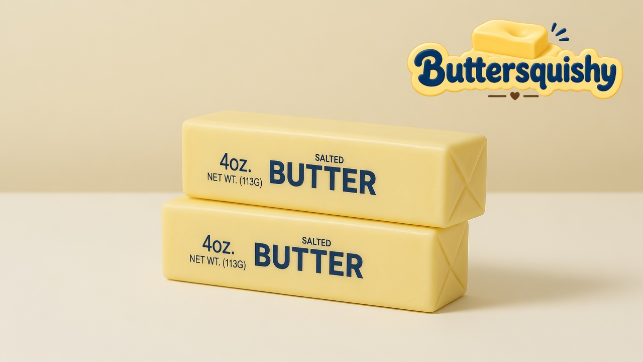Two pale yellow SALTED BUTTER stick squishies stacked on a light-yellow cream studio surface, Buttersquishy logo in the upper right