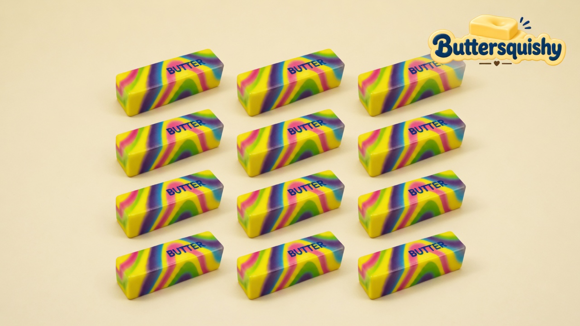 Twelve Neon Swirl Butter sticks with yellow-magenta-purple-green swirl skins and navy BUTTER type, on a light-yellow cream studio, Buttersquishy logo in the upper right