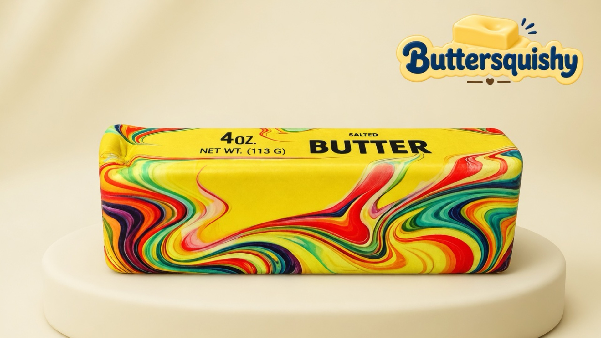 One Oil-Paint Swirl Butter stick with a yellow SALTED BUTTER face and oil-paint marble sides on a light-yellow cream studio, Buttersquishy logo in the upper right