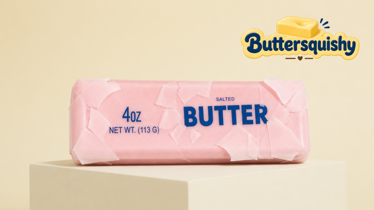 One pale-pink SALTED BUTTER stick with torn wrapper flakes on a light-yellow cream studio, Buttersquishy logo in the upper right