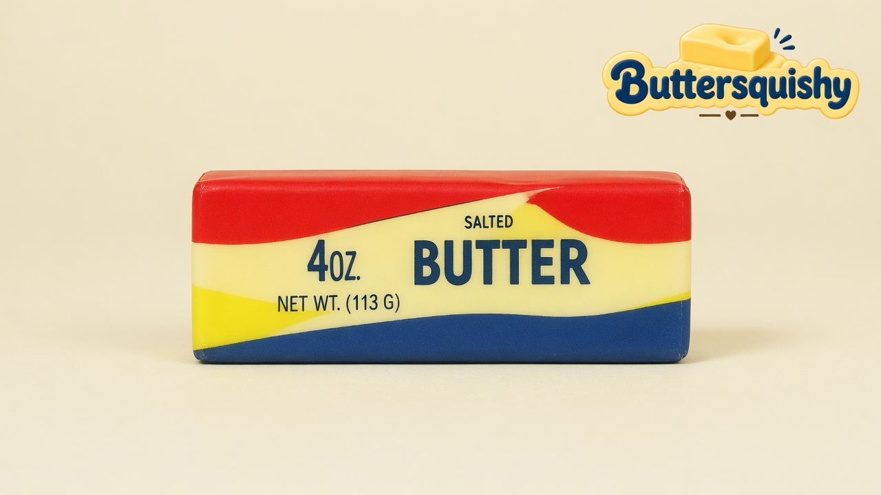 Rainbow Stripe Butter, a red-yellow-blue banded salted-butter stick, on a cream studio background with the Buttersquishy logo in the upper right