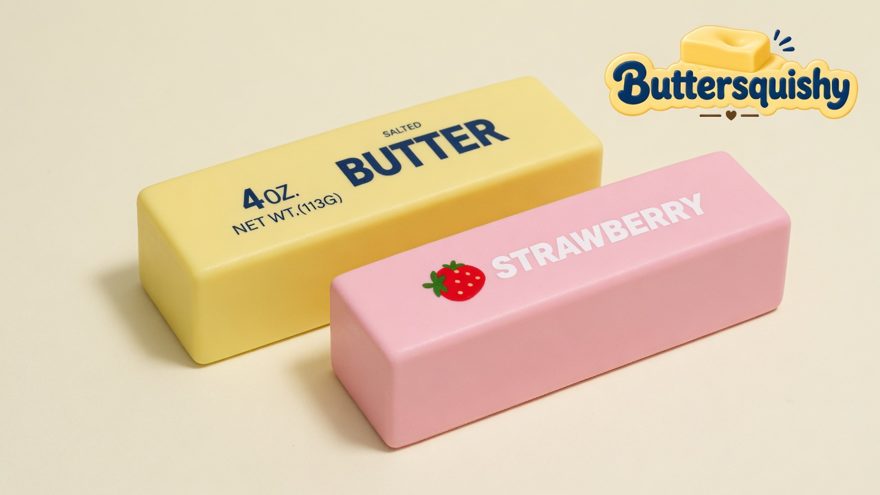 Pale yellow SALTED BUTTER loaf and pink STRAWBERRY loaf on a light-yellow cream studio surface, Buttersquishy logo in the upper right