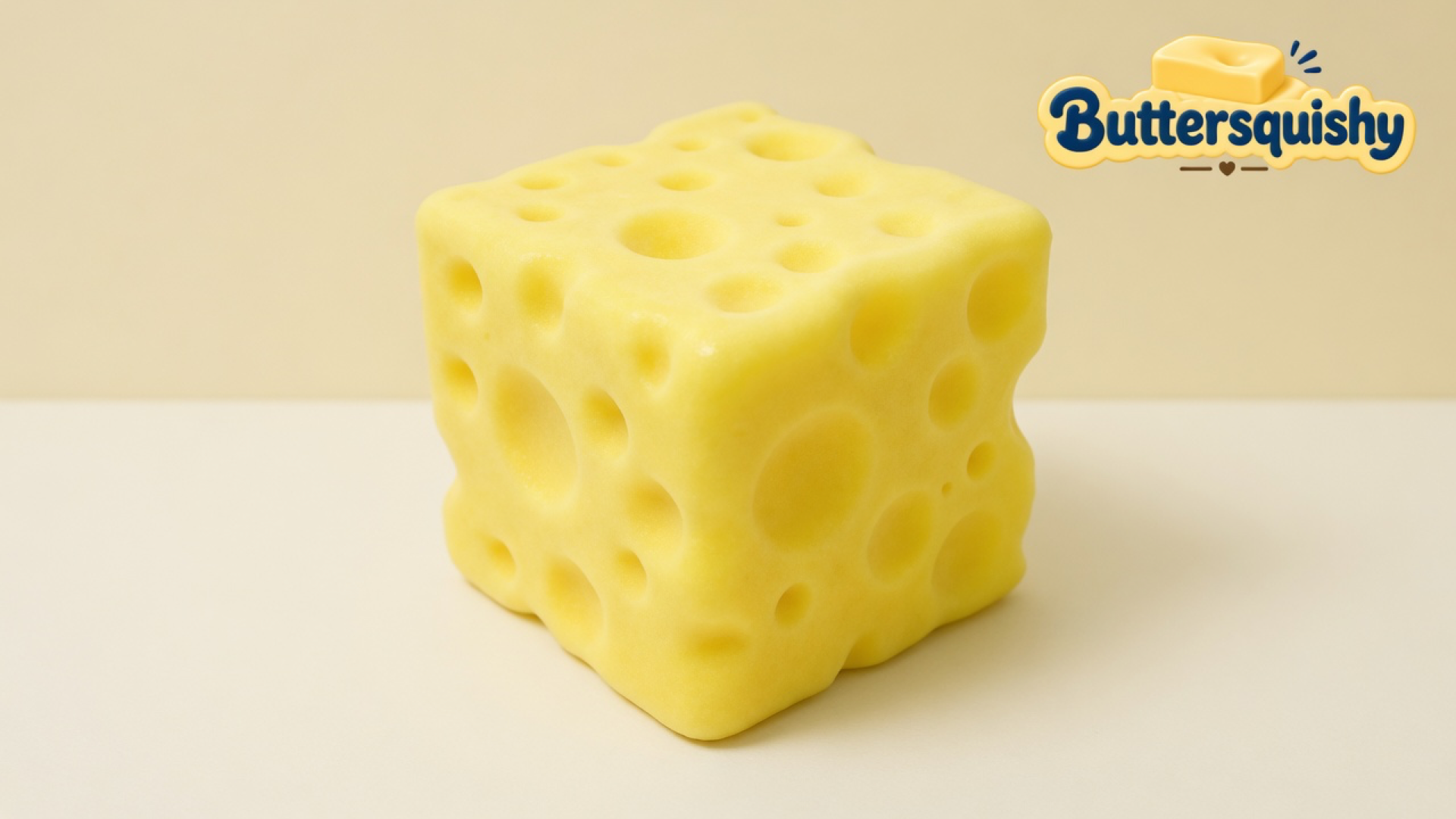 Yellow Swiss-cheese cube squishy with mixed circular pits on a light-yellow cream studio surface, Buttersquishy logo in the upper right