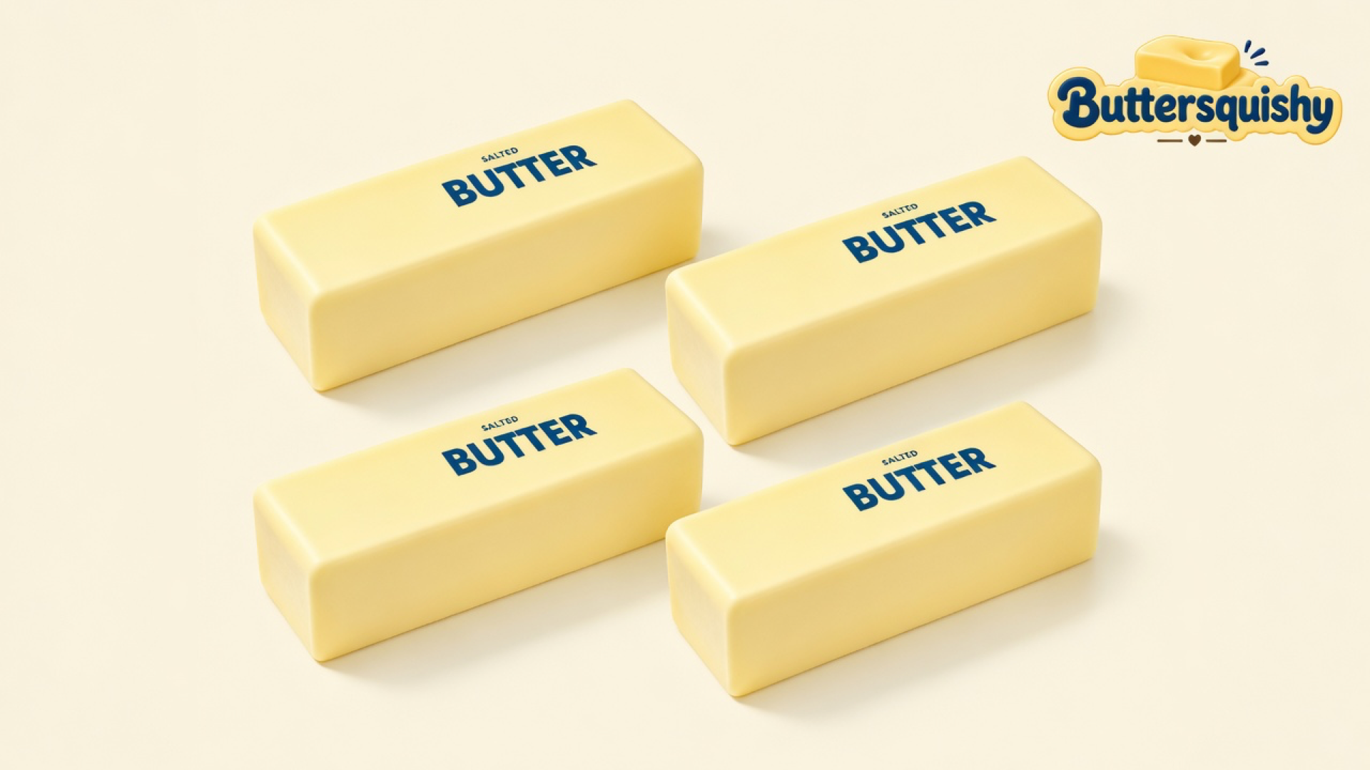 Four pale yellow salted-butter stick squishies with navy SALTED BUTTER type on a light-yellow cream studio surface, Buttersquishy logo in the upper right