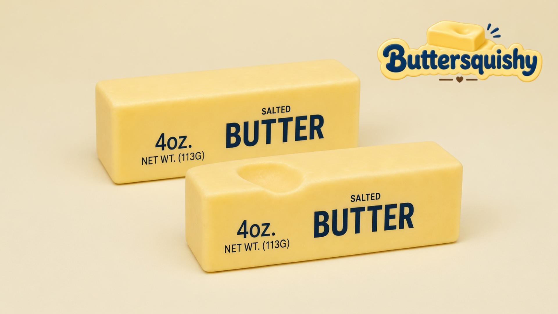 Two pale yellow salted-butter stick squishies on a light-yellow cream studio surface, one with a thumb dent, Buttersquishy logo in the upper right