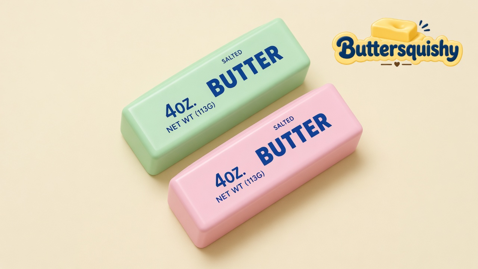 Pale mint-green and pink Mint Berry Crunch Butter sticks printed 4OZ SALTED BUTTER on a light-yellow cream studio, Buttersquishy logo in the upper right
