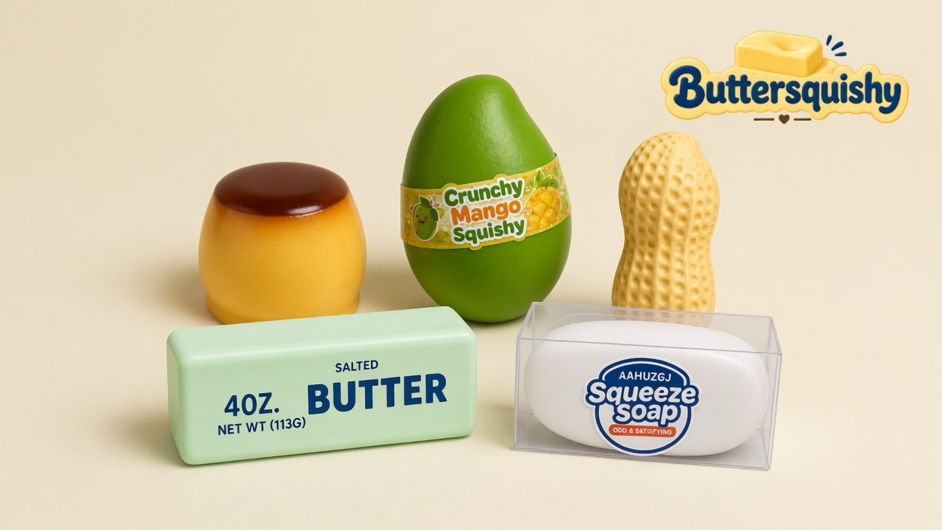 Five mixed food-look squishies — caramel pudding, green mango, peanut, mint salted-butter loaf, and boxed squeeze soap — on a light-yellow cream studio, Buttersquishy logo in the upper right