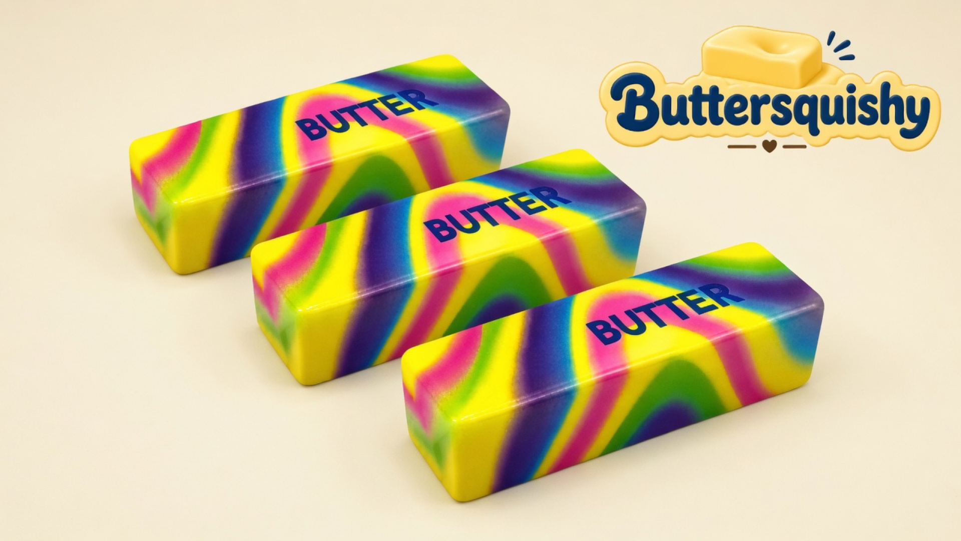 Three neon-marble butter-stick squishies with navy BUTTER type on a light-yellow cream studio surface, Buttersquishy logo in the upper right
