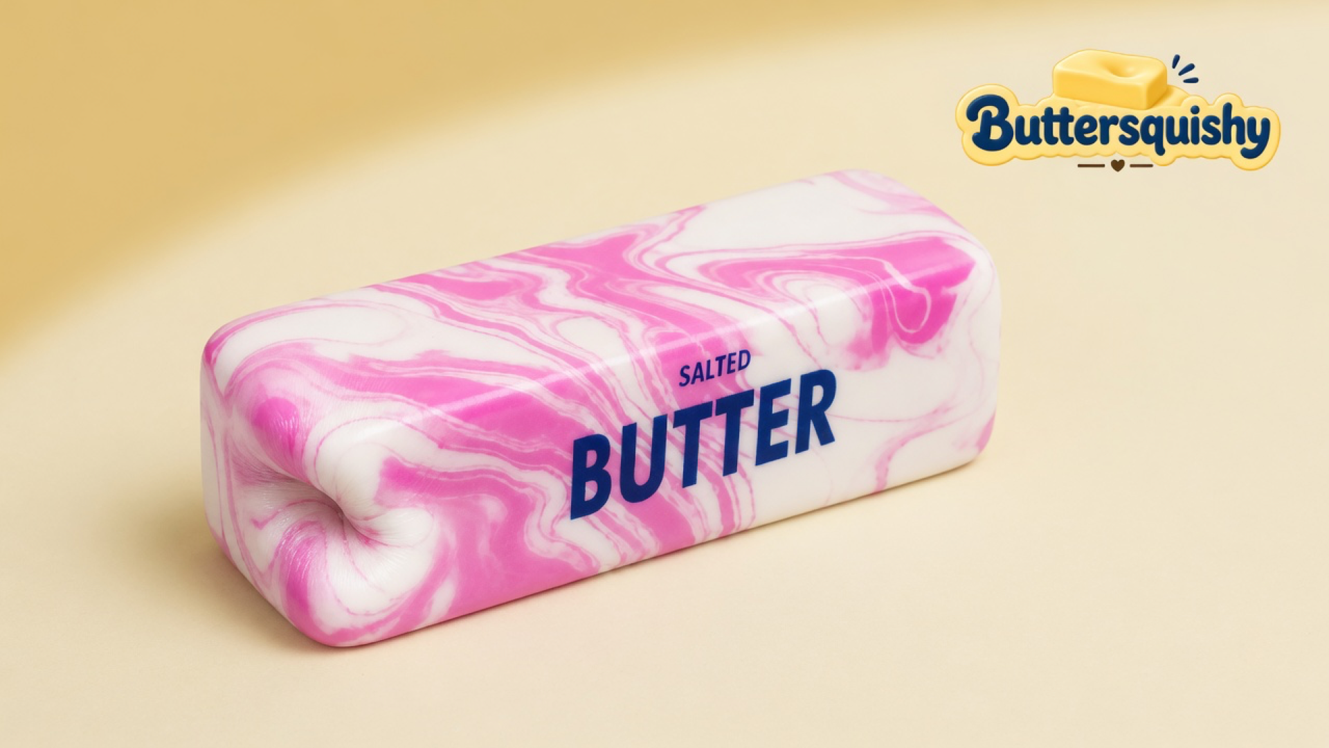 Pink-and-white marble butter loaf printed SALTED BUTTER on a light-yellow cream studio surface, Buttersquishy logo in the upper right